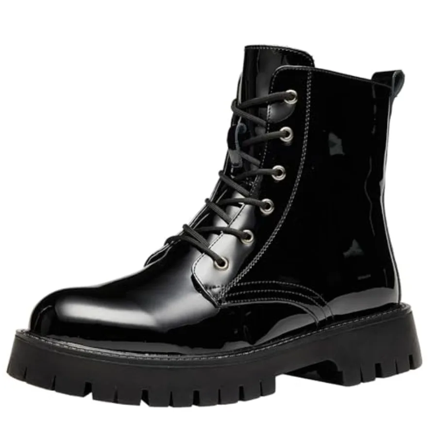 

Men's Fashion Patent Leather Boots - High Top Motorcycle Combat Style Boot Shiny Platform Boot with Lug Sole, Side Zipper Casua