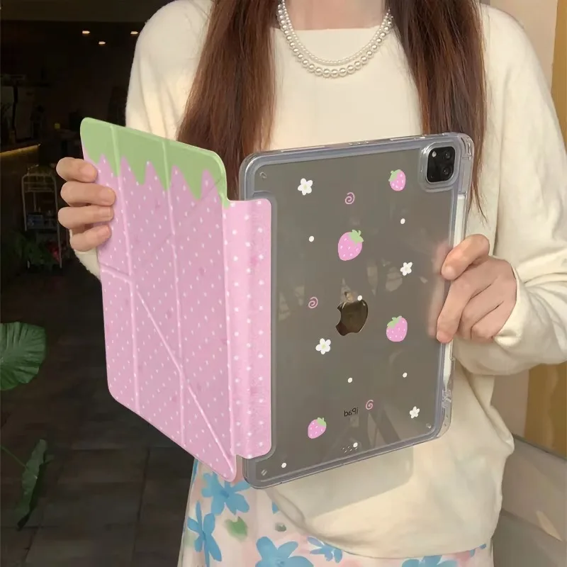 Pink Strawberry Polka Dot Y2K Tablet Case For iPad Pro 11 12.9 13 A16 M2 M4 M3 M5 Shell 5/6/7/8/9/10/11th Mini Air 3 4 5 6 Cover