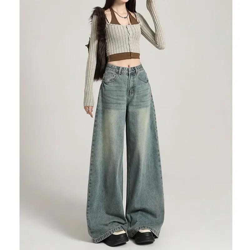 

Vintage Washed High Waist Loose Draped Wide Leg Floor Length Denim Pants