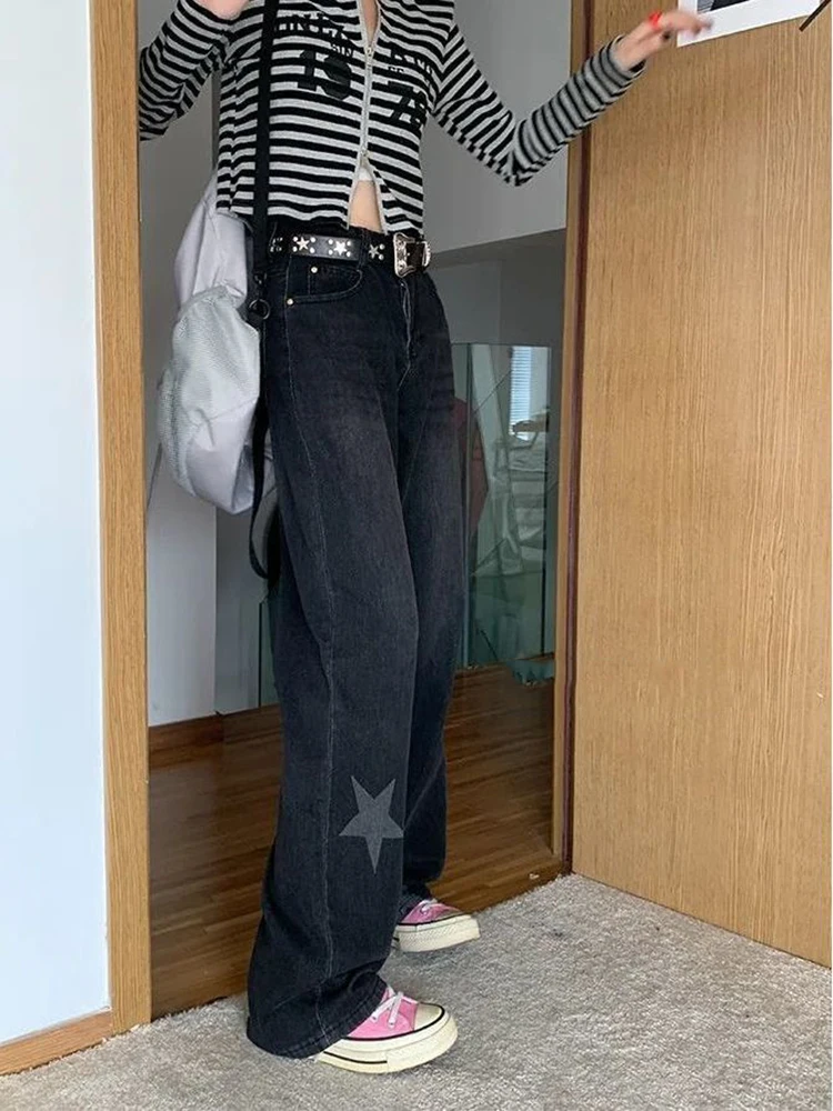 Nova moda jeans preto feminino baggy perna larga elegante ulzzang ins chique all-match bf casual estudantes streetwear jovem vintage