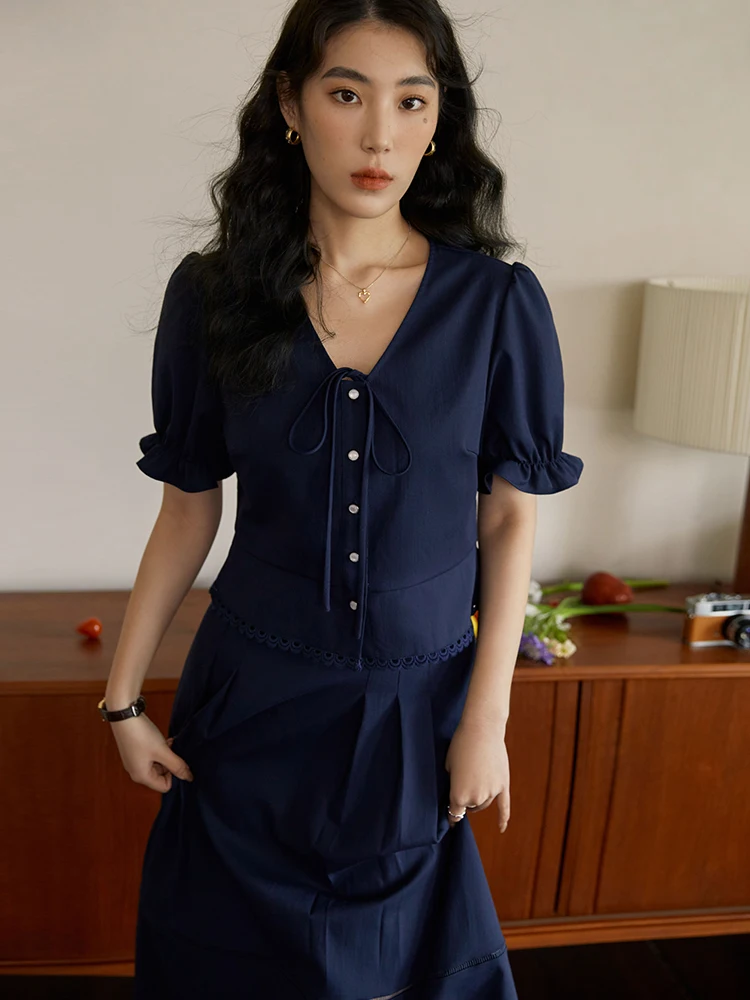 DUSHU Retro Special Small Fragrance Elegant Suit for Women Summer Newly Design Short-sleeved Shirt High Waist Skirt Female