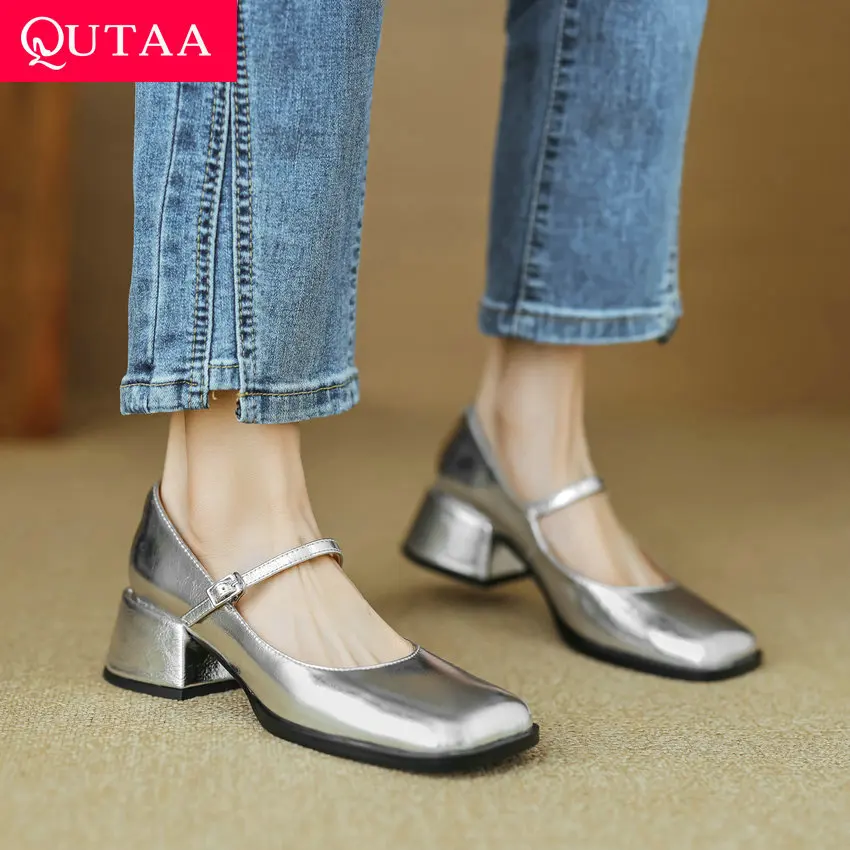 QUTAA 2024 Med Heel Women Pumps Spring Summer Genuine Leather Round Toe Buckle Strap Mary Janes Shoes Woman Size 34-40