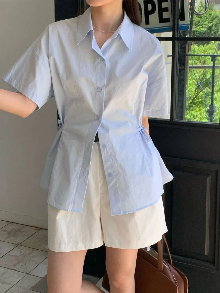

Summer Sle Women's irt Korean Version Versatile Waist-Cinching Belted White irt High-End Feeling Trendy Top