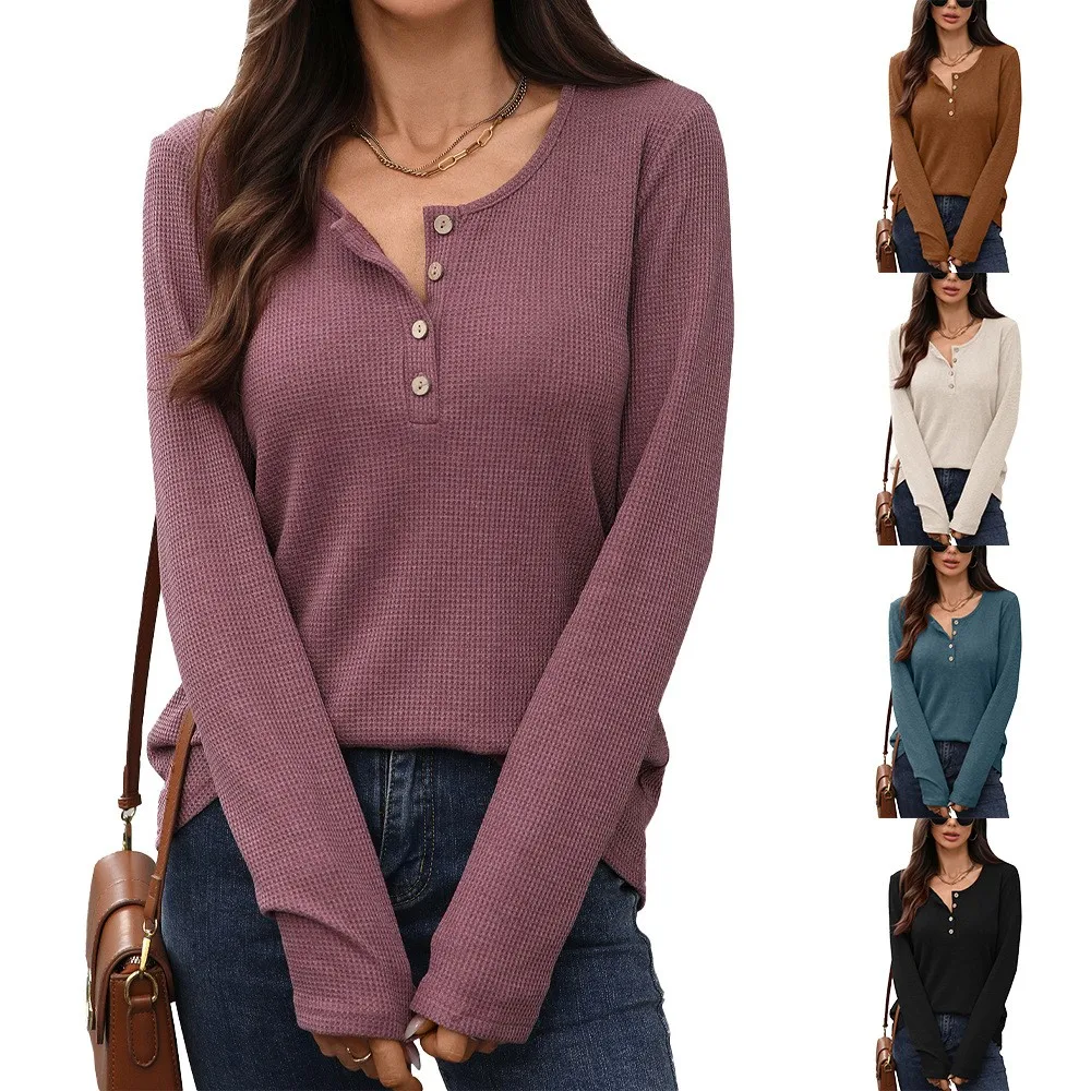 Women' Shirt Solid Color Round Neck Women's Longsleeve T Shirts Button Front Long Sleeve T Shirt Three Button Placket Casual