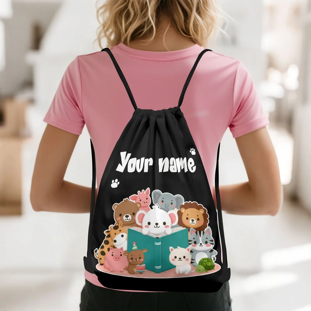 Custom Name Cute Animals Reading Drawstring Backpack Personalized Cartoon Animal Book Sackpack Kids School Gym Drawstring Bag