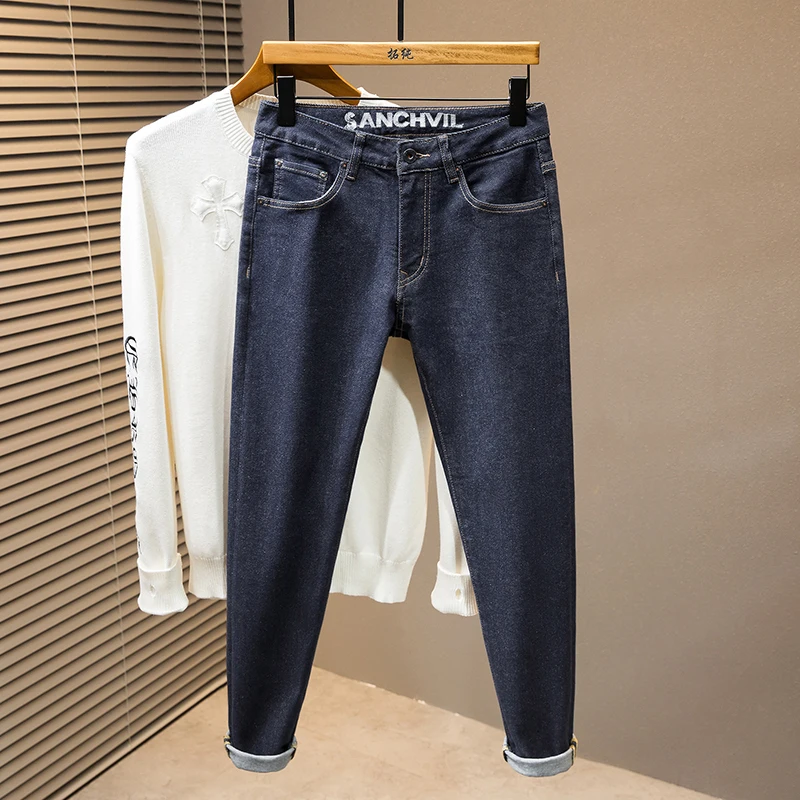 2024 new high-end light luxury MEN'S jeans fashion splicing slim straight casual simple personality casual blue denim pants