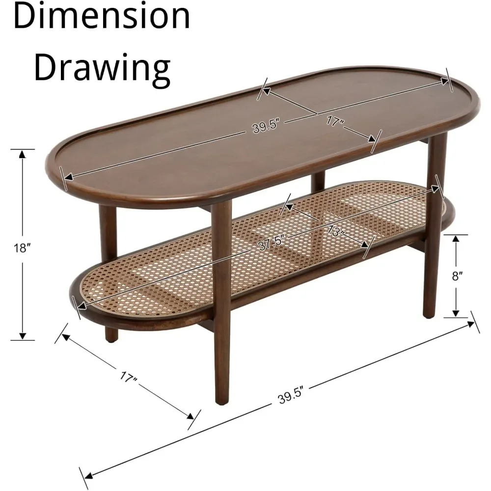 39.5 Oval Walnut Wood Coffee Table with Storage Shelf for Living Room, 2-Tier Center Table Entryway，Rattan Coffee Table