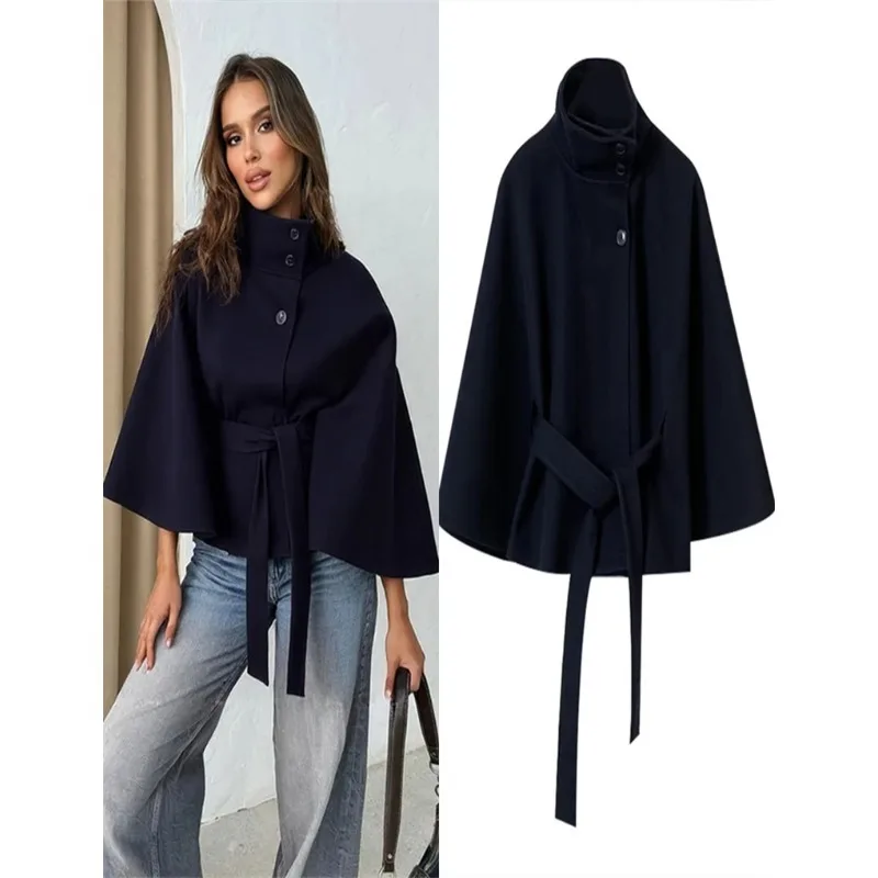 

Elegant Lace Up Loose Fit Cape Coat Women's Autumn Winter Oversized High Neck Belted Wrap Jacket Fashion Warm Outerwear Outfit