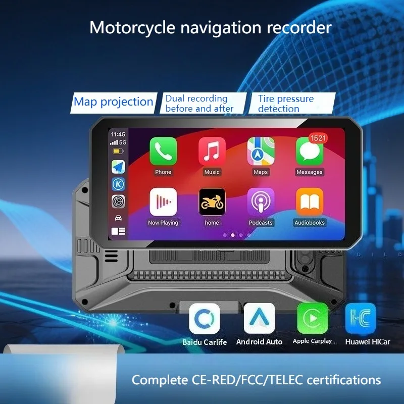 

Motorcycle GPS Navigation Multimedia Player Wireless CarPlay Android Auto Dual Lens Recorder IP67 Waterproof Display Bluetooth