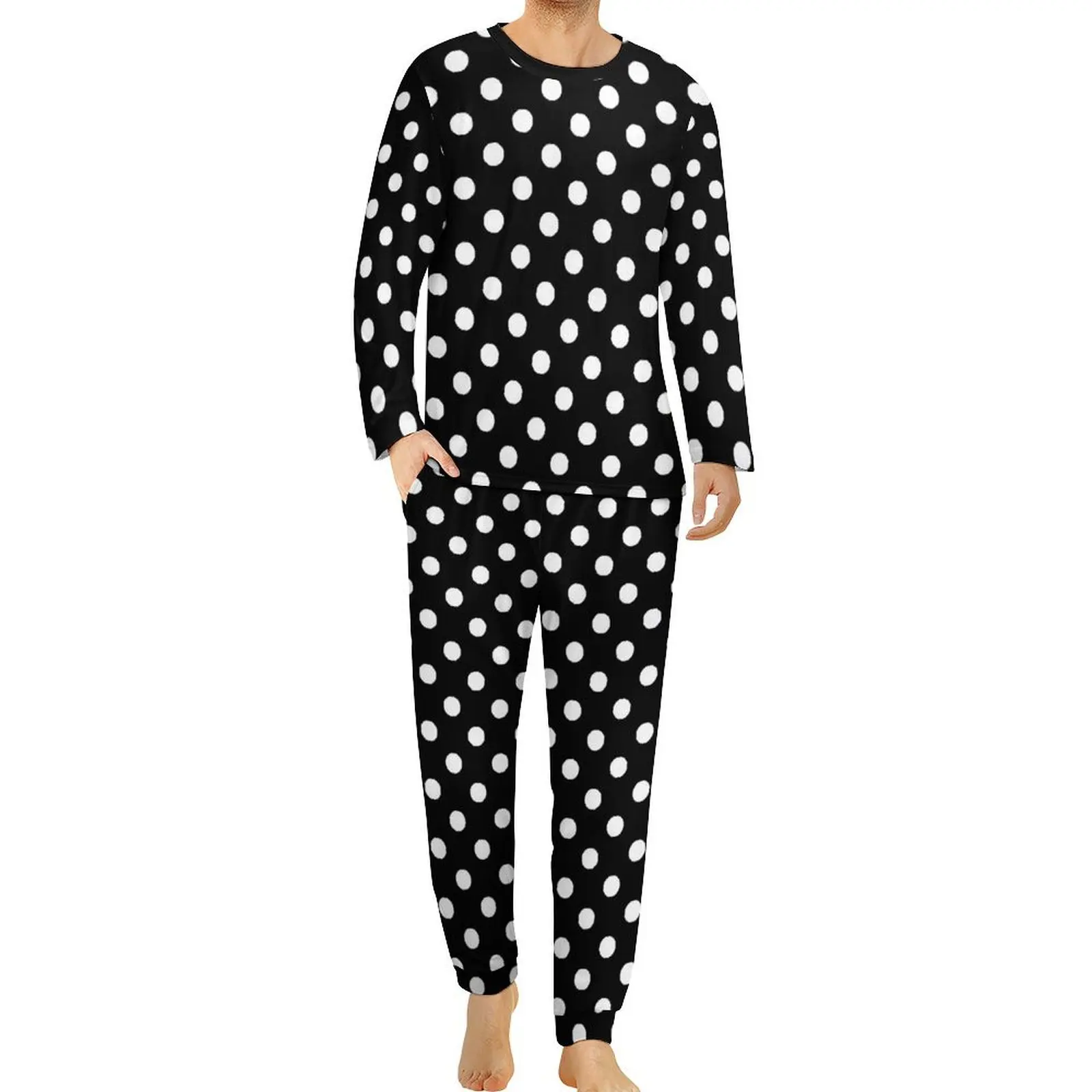 Black White Polka Dot Pajamas Autumn 2 Pieces Classic Spots Print Retro Pajama Sets Mens Long Sleeve Bedroom Graphic Home Suit