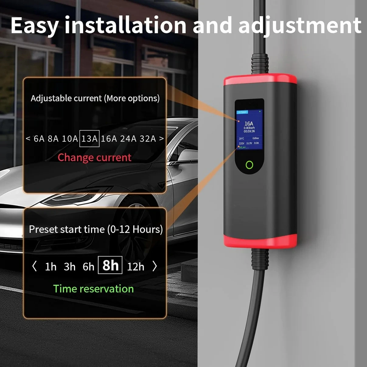 EVcharger4U Schuko-stekker 3,5 kW Type2/Type1/GBT Draagbaar EV-laadstation 6A/8A/10A/13A/16A Verstelbare stroom voor elektrische auto