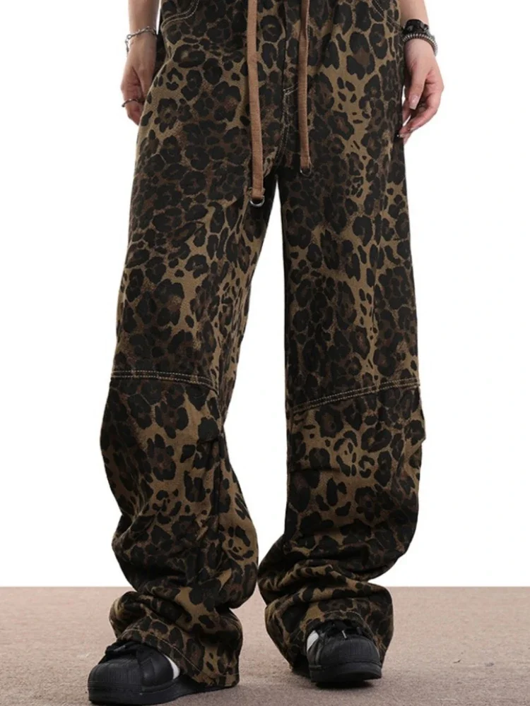 جديد الهيب هوب ليوبارد طباعة بنطال ذو قصة أرجل واسعة للنساء الخريف فضفاض مستقيم بنطلون عالية الخصر الرباط كل مباراة ​ بانتالون فام