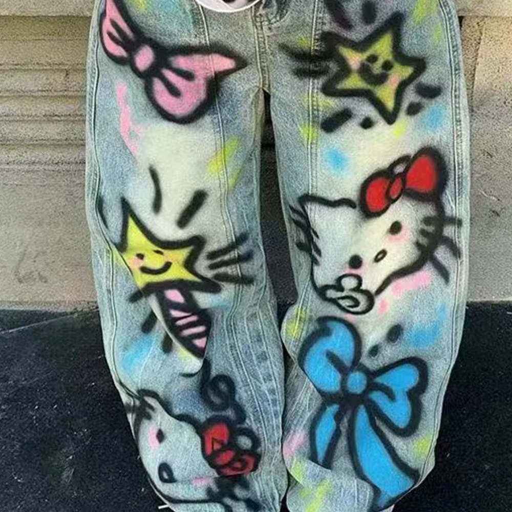 Jeans Y2K Hello Kitty Donna Anime Sanrios Kawaii Pantaloni vintage stile americano Primavera Autunno Pantaloni larghi a vita alta