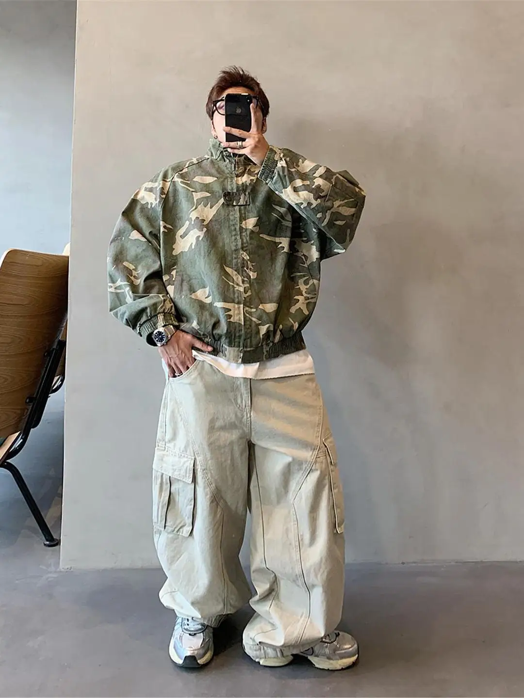 

Retro American Camouflage Jaet Men's Loose Fit Stand Collar Spring Autumn Versatile Outerwear Polyester Fabric Windproof