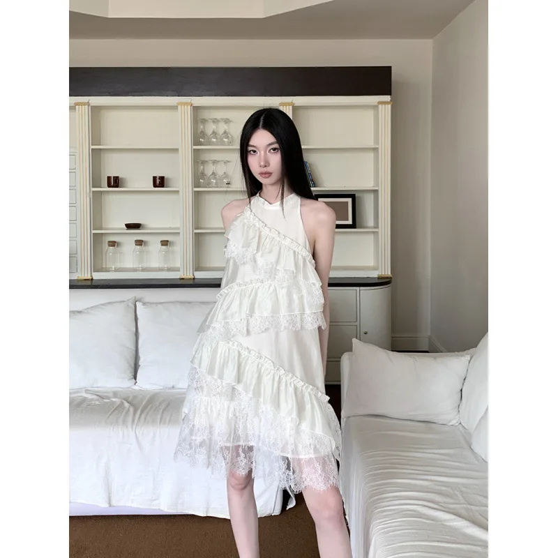 Francês elegância renda-painel de malha branca babados em camadas bolo saia para mulheres verão sem mangas príncipes fada mini vestido linha a