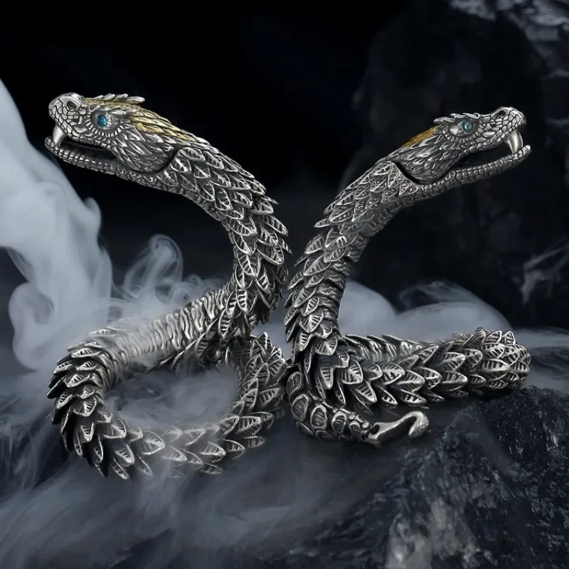 S925 Silver Viking Gothic Black Gun Dragon Men Bracelet Rock Style Golden Horn Men Party Jewelry Trend Bangle