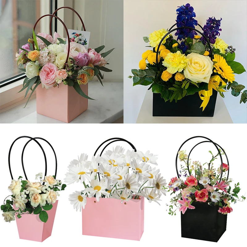 Portable Flower Boxes Waterproof Kraft Paper Bouquet Box with Handles Wedding Rose Party Gift Box Wedding Birthday Party Decors