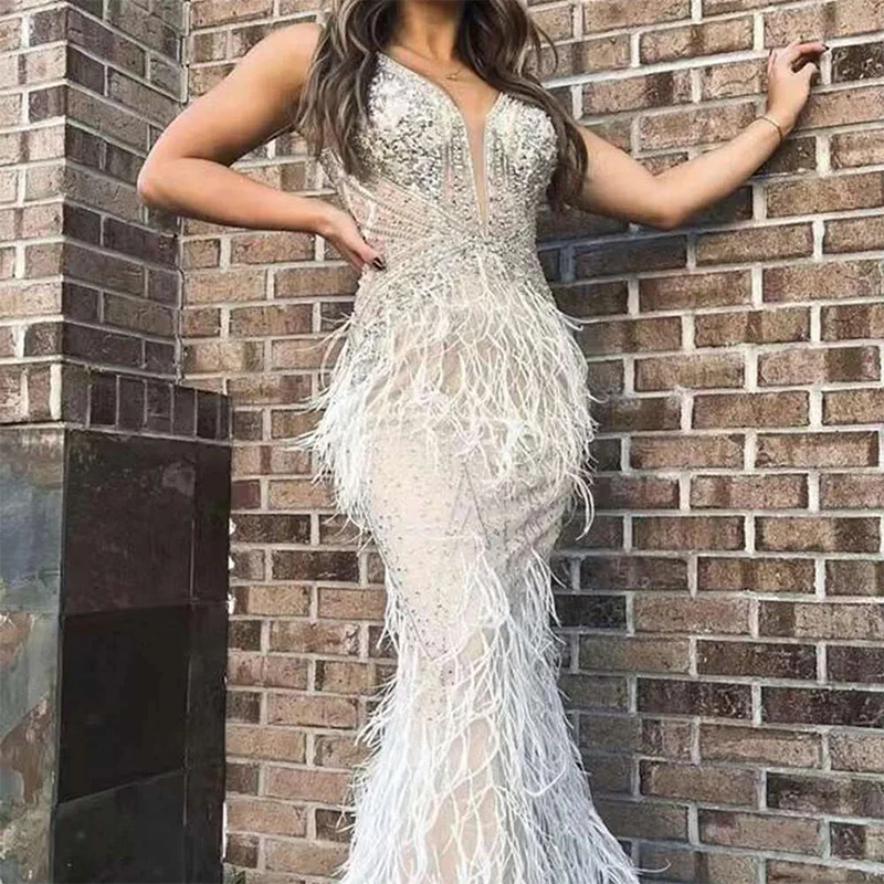 Silvery Evening Dress 2024 For Women White Mermaid Arabic Elegant Sequined Luxury Beaded Formal Party Prom Gowns Custom