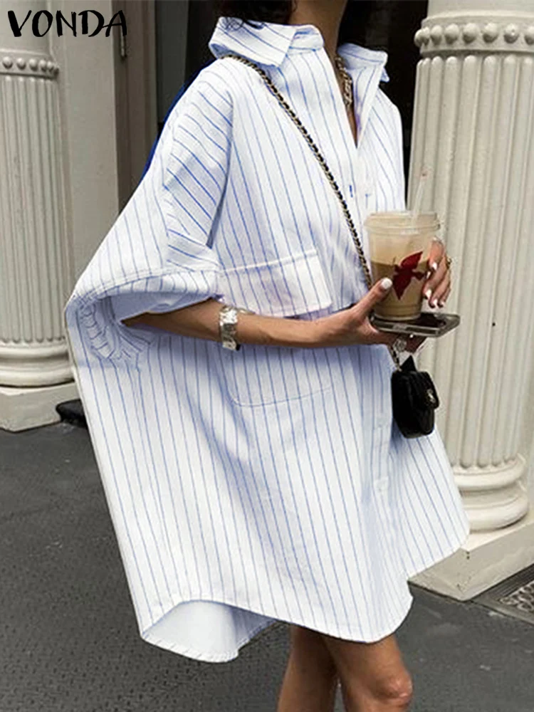 

Women Casual Long Sleeve Shirt Dress 2024 VONDA Daily Elegant Sundress Loose Stripe Splicing Mini Robe Holiday Oversize Vestidos