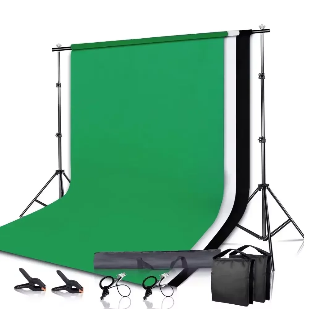 SHBackground Stand Kit With Adjustable Stand Support System Backdrops Three Background Cloth For Photo Studio Green Screen Frame