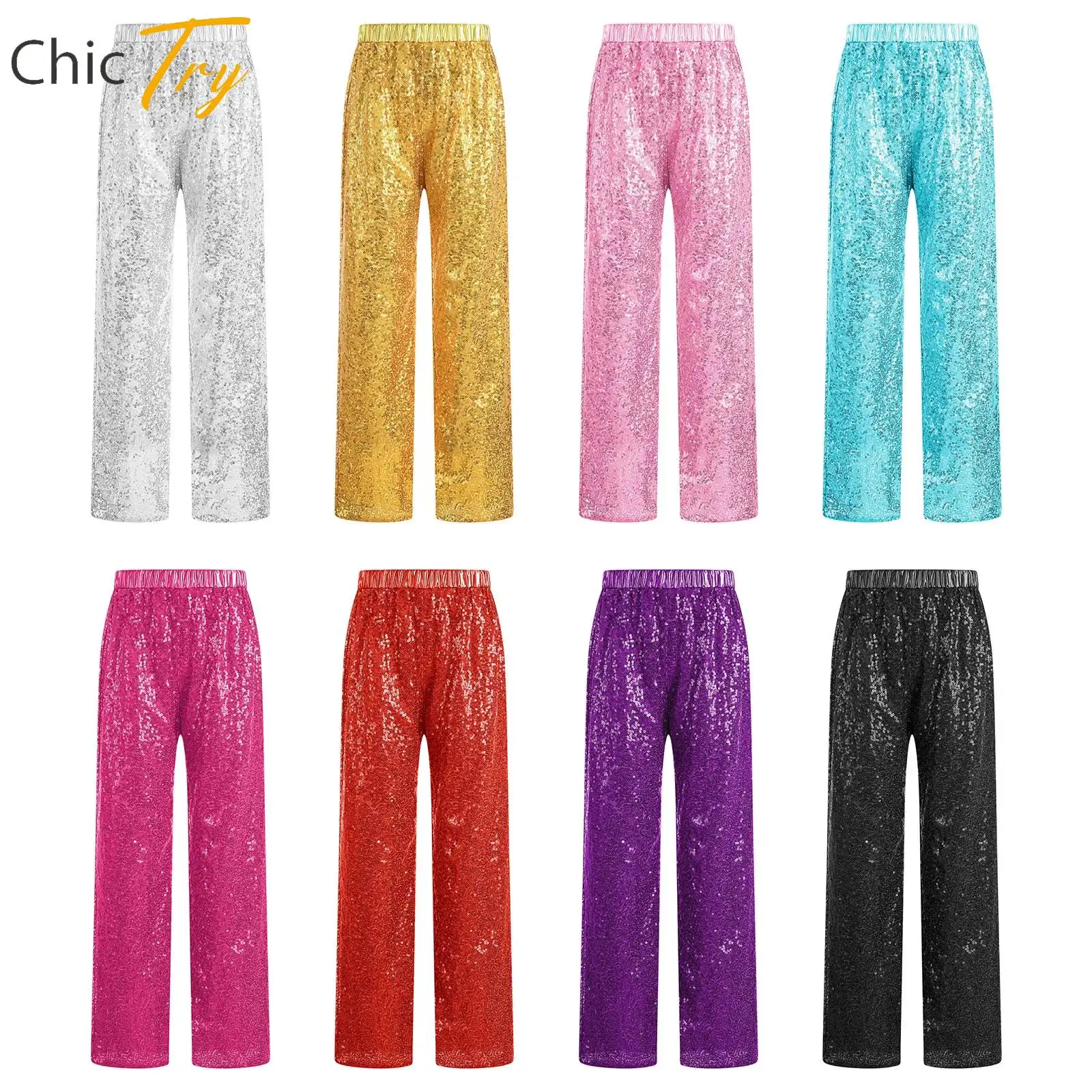 

New Sparkly Sequin Jazz Dance Pants High Waist Loose Trousers Dance Party School Show Performance Holiday Costume for Kids Girls