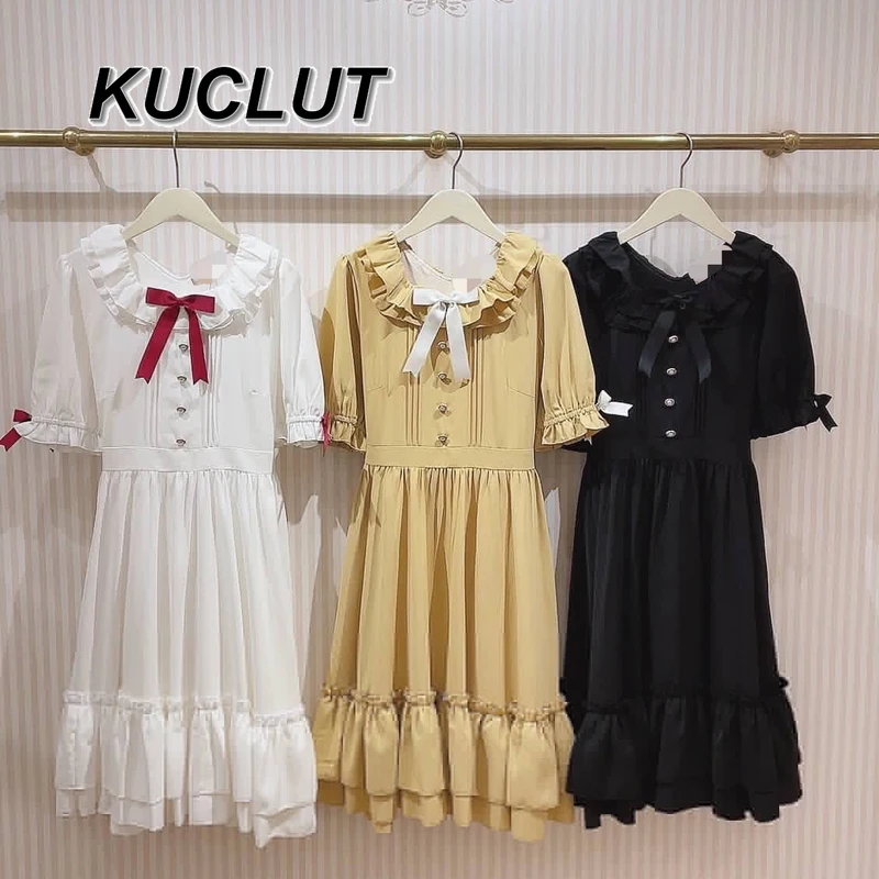 

Japanese Retro Style Casual Elegant Dresses for Women Sweet and Cute Elegant Solid Color Mid-length Lolita Dress Summer