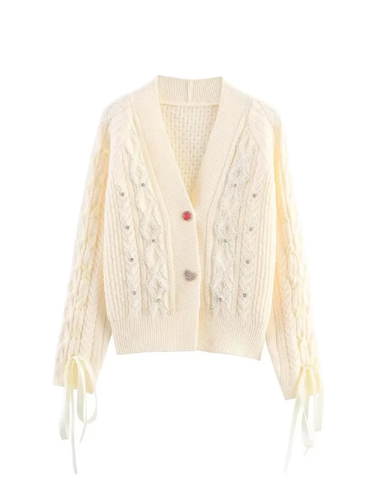 

HH Women Autumn New V-neck Rope-Beaded Long-Sleeved Knitted Cardigan Female Simple Versatile Stretch Commuting Sweater Coat