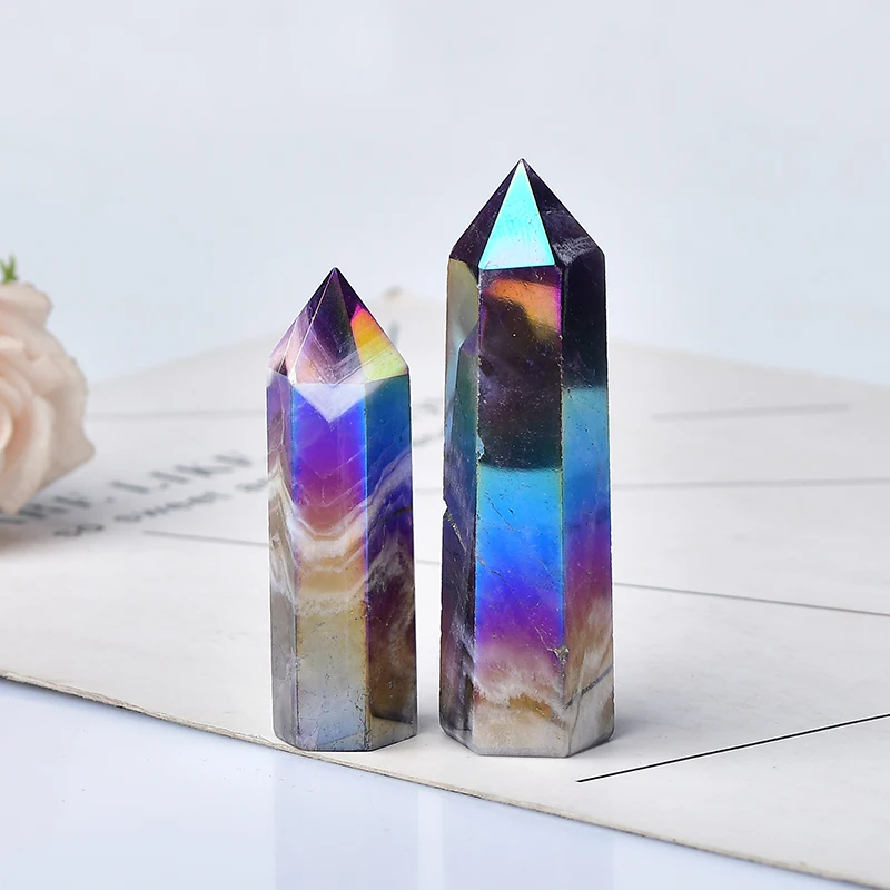 1PC Natural Aura Amethyst Crystal Point Electroplating Wand Healing Stone Energy White Quartz Home Decoration Reiki Tower Gifts