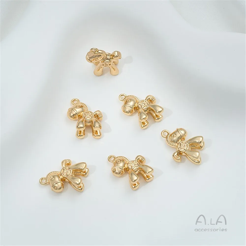 Tas Tembaga 14K Liontin Dinosaurus Kucing Kuda Kartun Kuda Kayu Zirkon Bertatahkan Emas Asli Aksesori Liontin Ornamen Gelang Diy