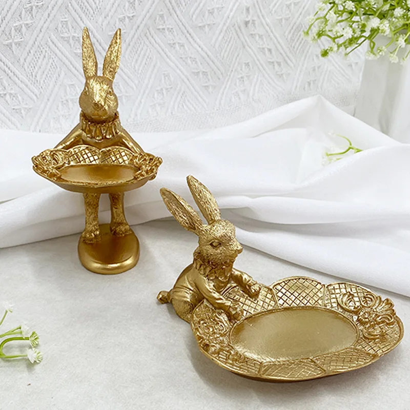 Golden Rabbit Statue Jewelry Ring Tray Decoration Rabbit Statue Resin Animal Sculpture Home Dining Table Desktop Decoration