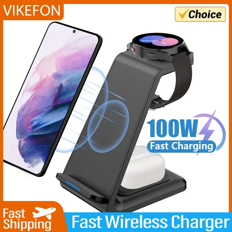 VIKEFON 3 in 1 100W Travel Wireless Charger For Samsung Galaxy S23 Watch 6 pro/5/4/3 Active Buds Pro Plus Fast Charging Station