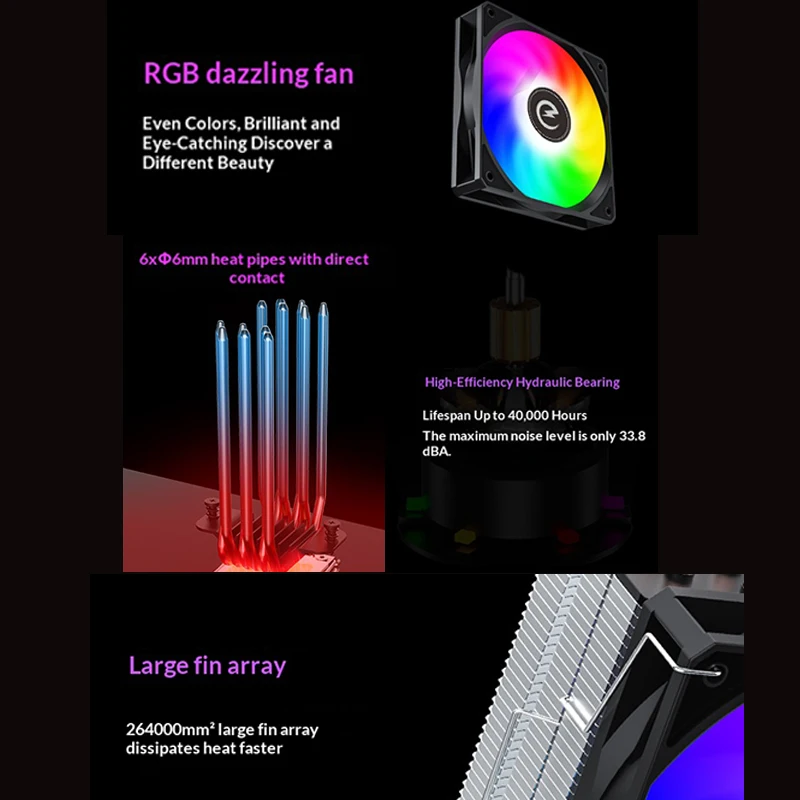 Power Train Lightning Z-600 CPU cooler High Hydraulic Bearing RGB 120mm Fan Six Heat Pipes cooler processador 400-1800RPM