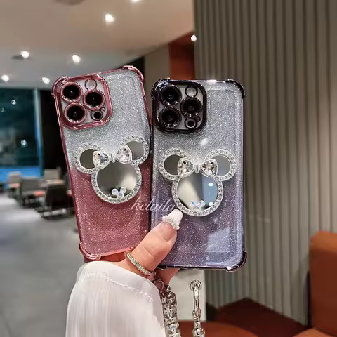 For Samsung Galaxy S25 Ultra S24 S23 S22 Plus S21 FE Note 20 10 Cartoon Mirror Glitter Shockproof Clear Phone Case With Bracelet