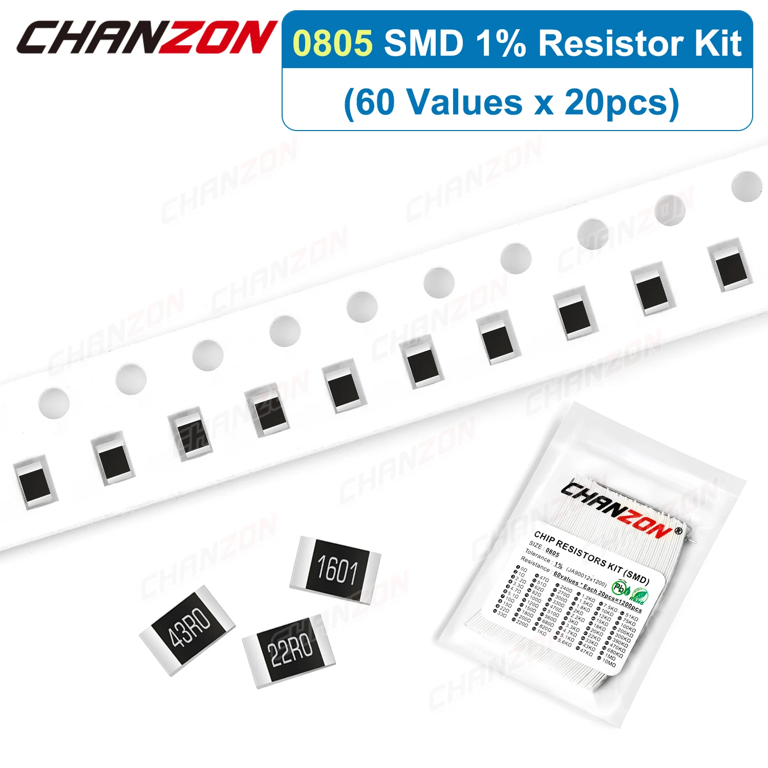 1200 Teile/los 60 Werte 0805 1% Hohe Präzision SMD Widerstand Kit 0ohm 1 33 120 470 4,7 K 20 K 33 K ohm 1/8 W Widerstand Sortiment Set