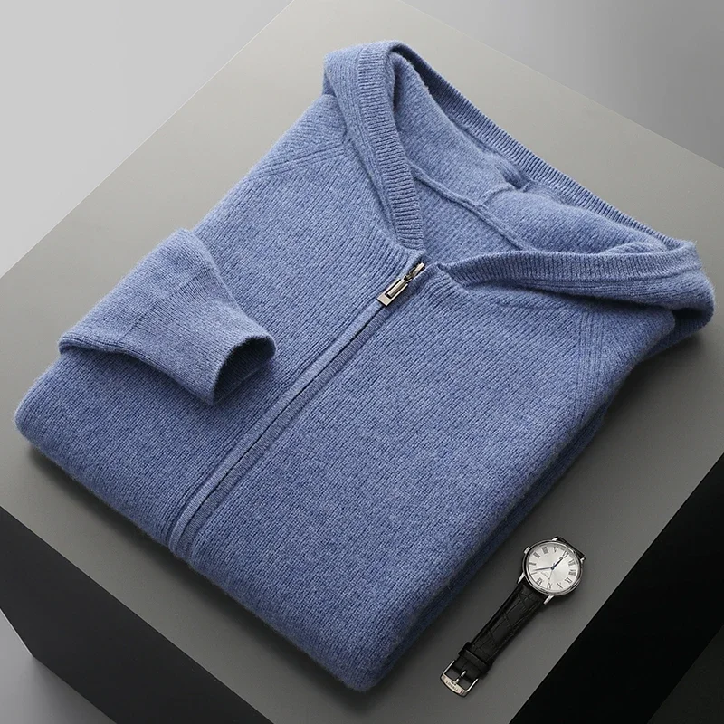 Giacca lavorata a maglia con cappuccio maglione di cashmere cerniera spessa felpa casual con cappuccio cardigan maglione da uomo