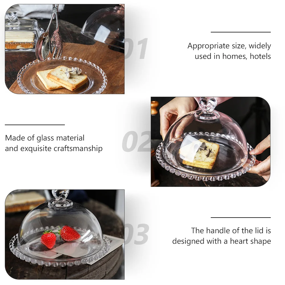 

1Set Glass Dessert Serving Tray Exquisite Craftsmanship Dustproof Lid Heart Shaped Handle for Home Hotel Restaurant Use