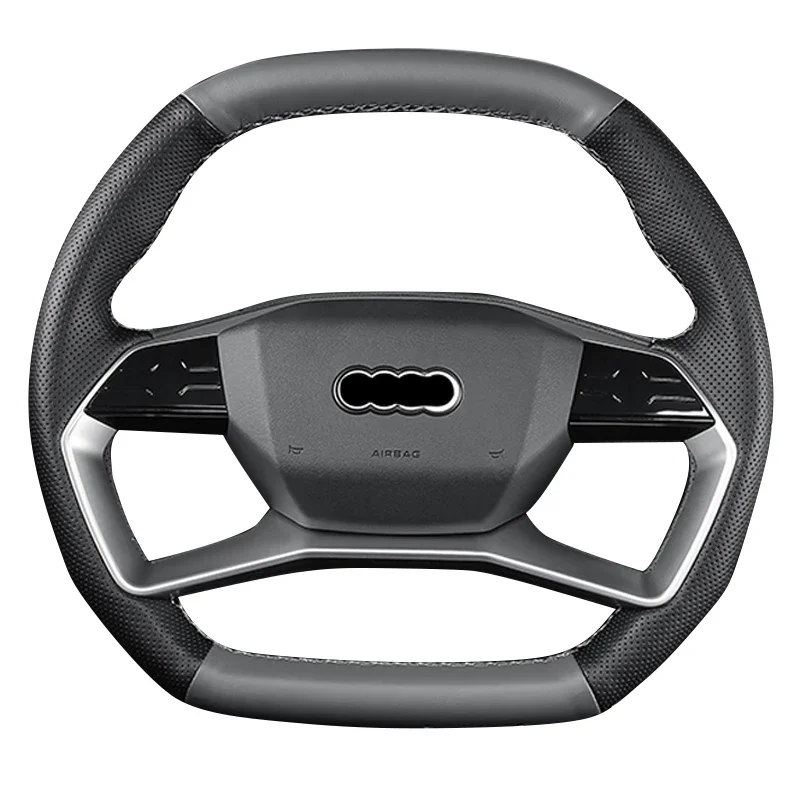 Hand-stitched non-slip black grey Genuine Leather Car Steering Wheel Cover for Audi Q4etron Q5etron 2022 2023 auto parts