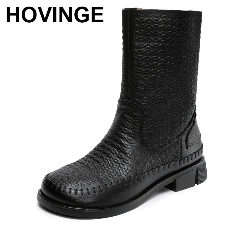 

Women Shoes Genuine Leather Mid Calf Boots Round Toe Fashion Thick Heels Shoes Winter Retro Black Platform Boots