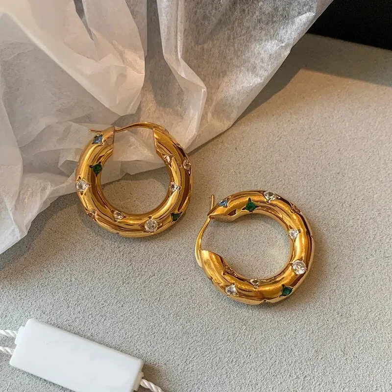 

Trendy Gold Color Crystal Stainless Steel Round Earrings For Women Imitation Pearl Metal Earring Party Everyday Jewelry