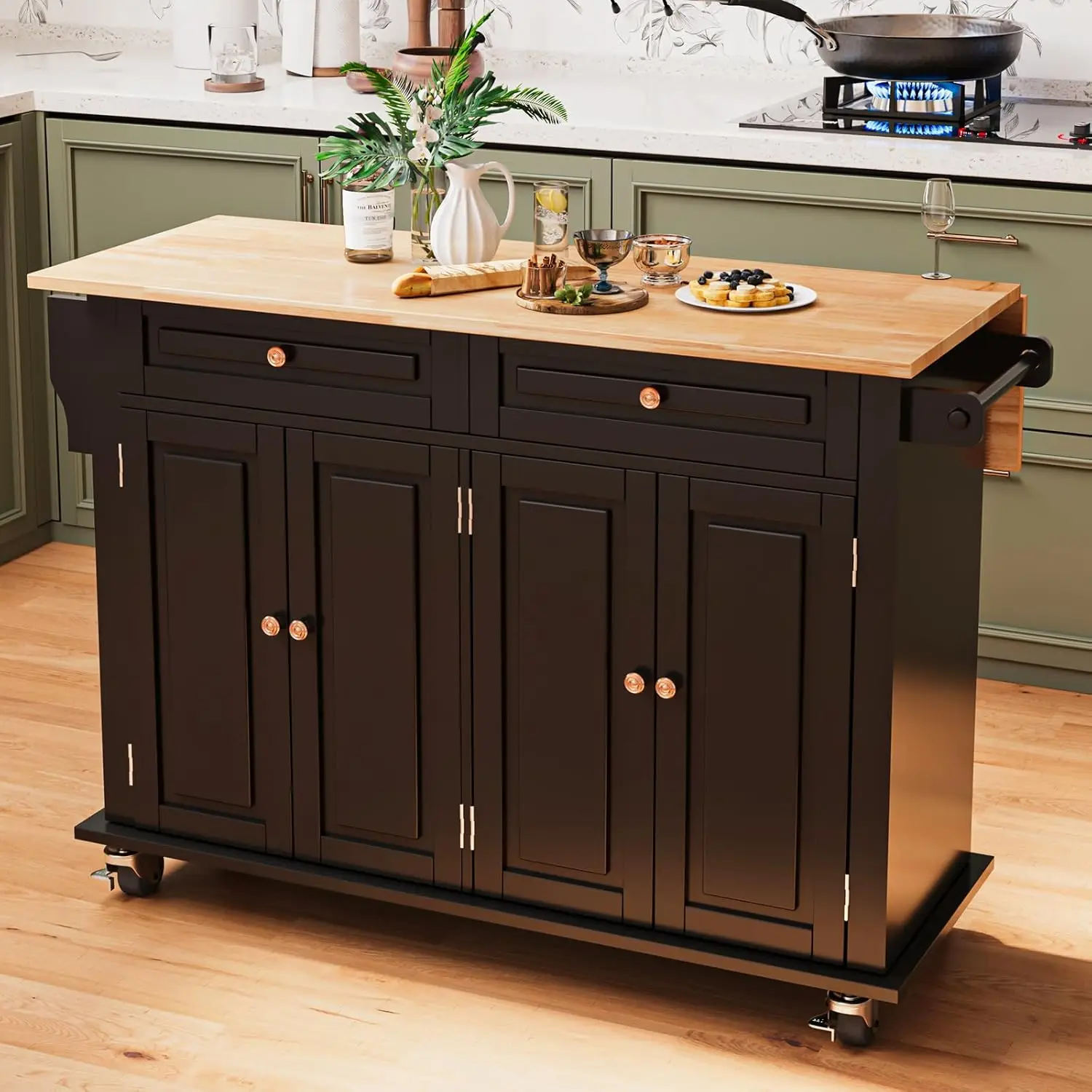

51.2'' Rolling Kitchen Island Cart with Drop Leaf Countertop, Kitchen Carts on Wheels with Storage, 2 Drawers, Black