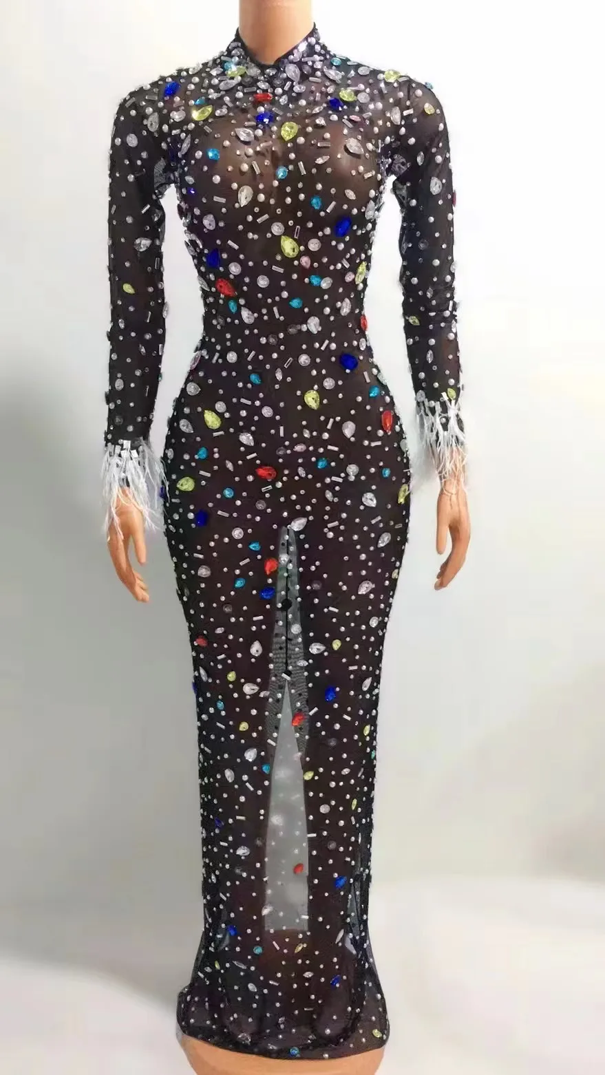 

Multi-color Rhinestone Pearls TransparentBlack Long Dress Evening Birthday CelebrateOutfit Sexy Dancer Performance Costume