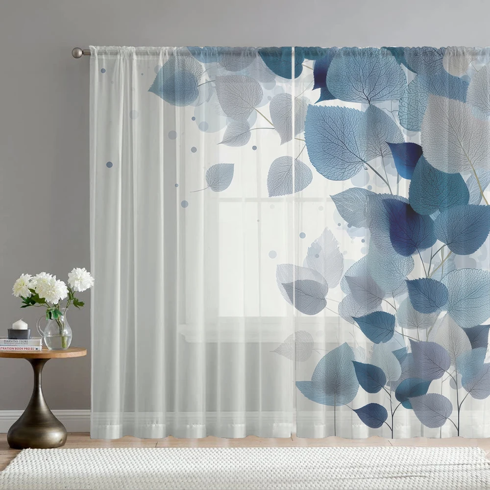 2Pcs Gray And Blue Leaf Print Home Decoration Window Screens Suitable For Coffee Shops, Restaurants, Bedrooms