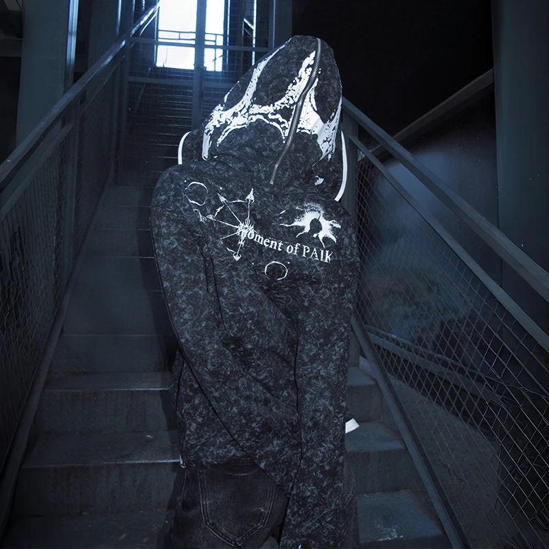 Karrcat grunge estética tatuagem impressão jaqueta vintage y2k angustiado com capuz outerwears trashy 2000s estilo zíper casaco americano