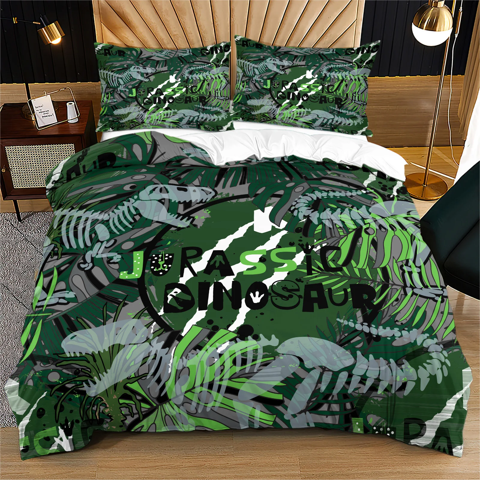 Dinosaur Skeleton Duvet Cover Set Green Jungle Jurassic Dino Bedding Set Zipper Quilt Cover with Corner Ties, Bedroom Decor