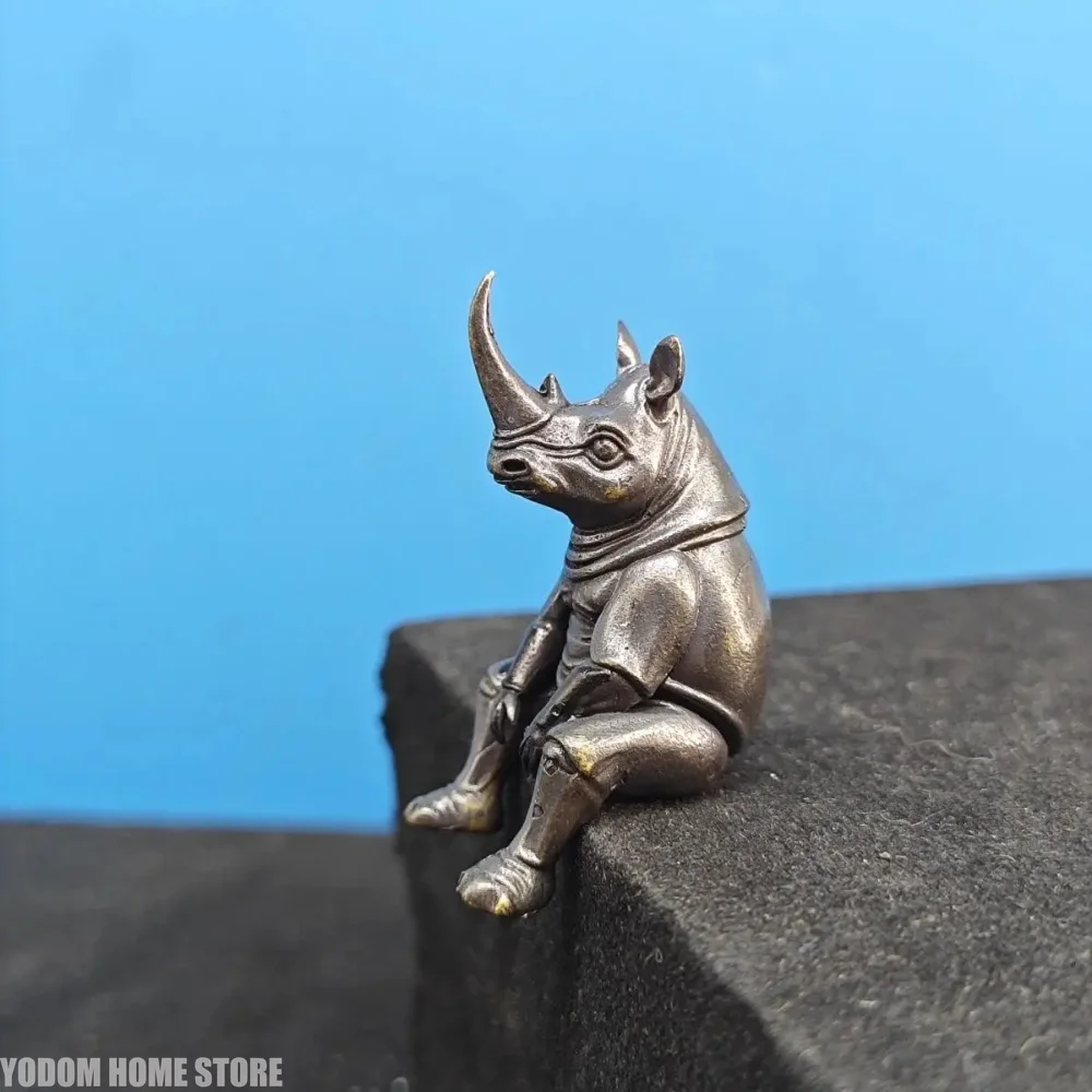 Antique Brass Sitting Rhinoceros Figurine - Retro Metal Realistic Animal Model for Desktop Decor, Collectible Mini Ornament
