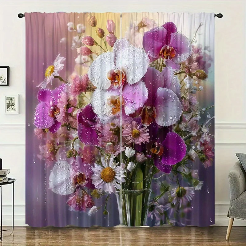 Floral illustration curtains, pole-mounted installation. Suitable for living rooms, bedrooms, dining rooms and hotels.