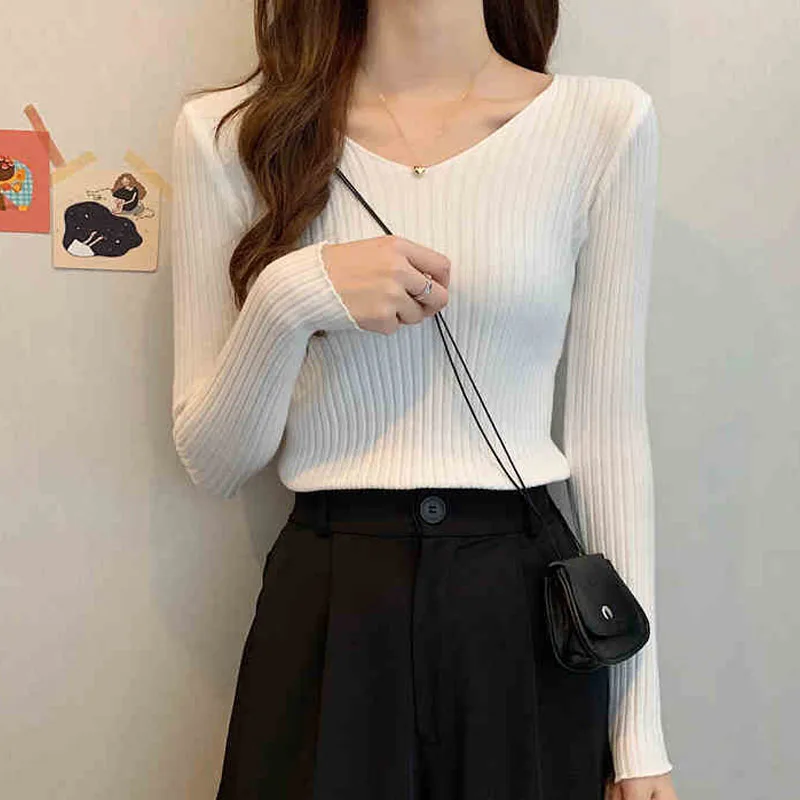 

Knitted Sweater Women Pullovers New Long Sleeve V-Neck White Knit Sweater Pullover Women Tops Knitwears Sueters De Mujer Q1031