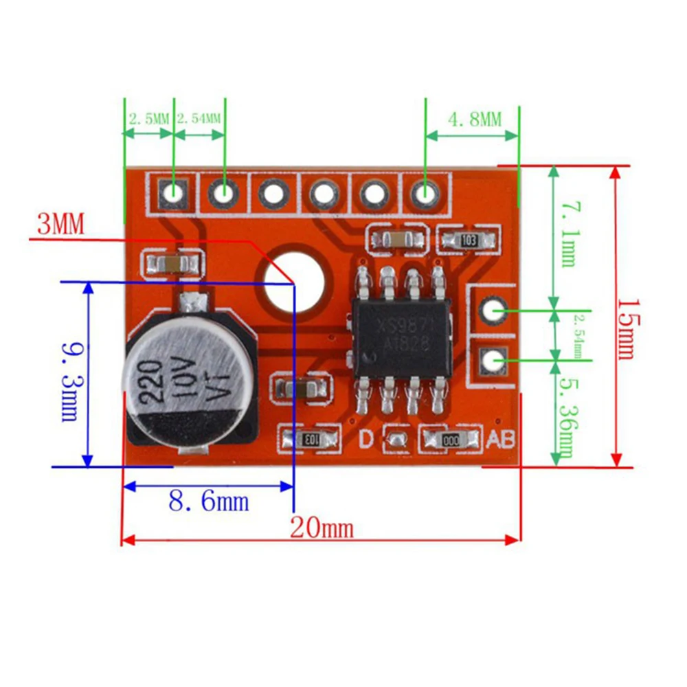 โมดูลมินิ AB XS9871 10ชิ้นบอร์ดขยายกำลังเสียงระบบดิจิตอล DC2.5V-5V เครื่องขยายเสียงโมโน5W ไม่มีหมุดบัดกรี