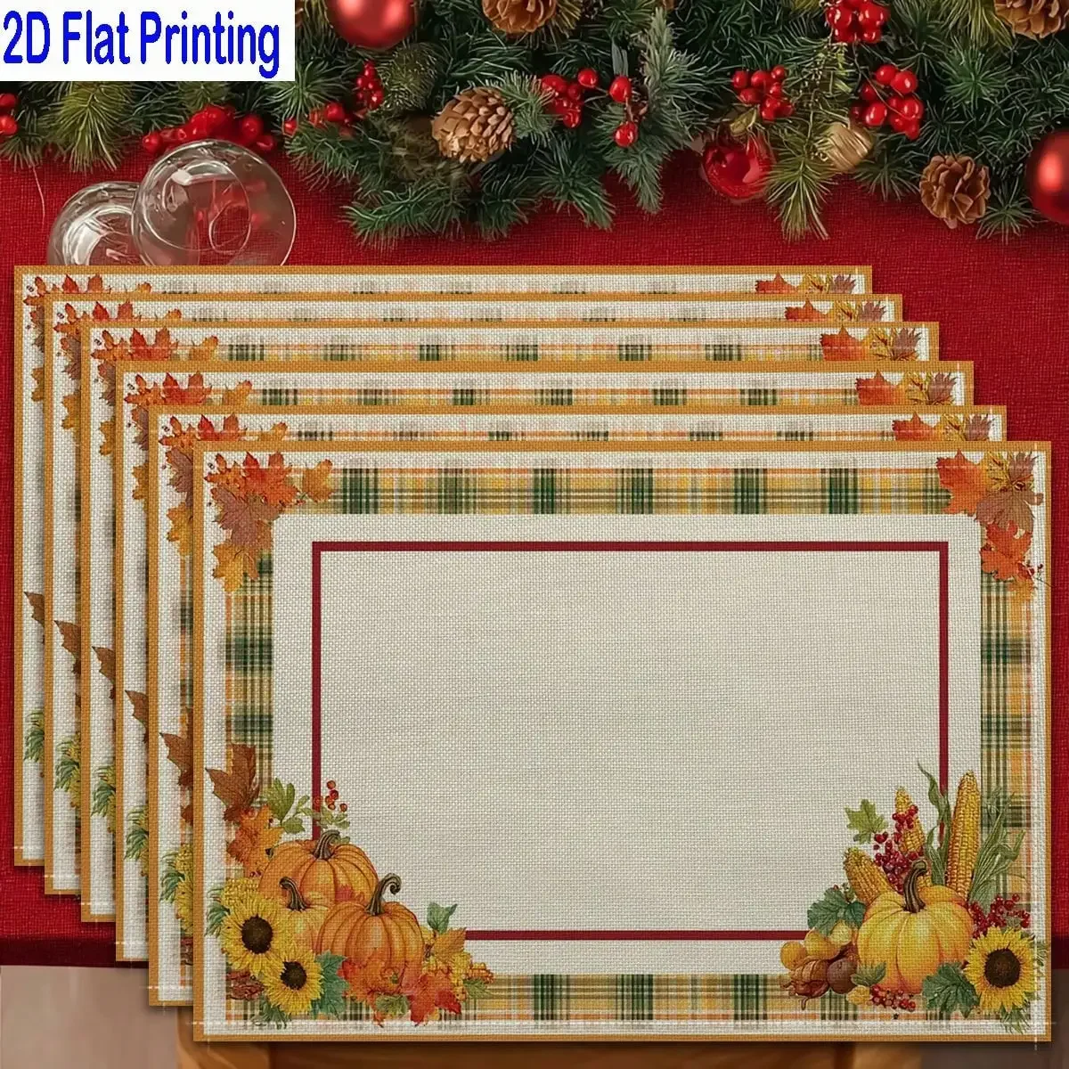 

4PCs 2D Flat Printed Fall Harvest Plaid Thanksgiving Corn Table Mats, Placemats, Heat-Resistant Kitchen Table Mats, Home Restaurant Table Mats, Outdoor Picnic Table Cloth Mats, Etc