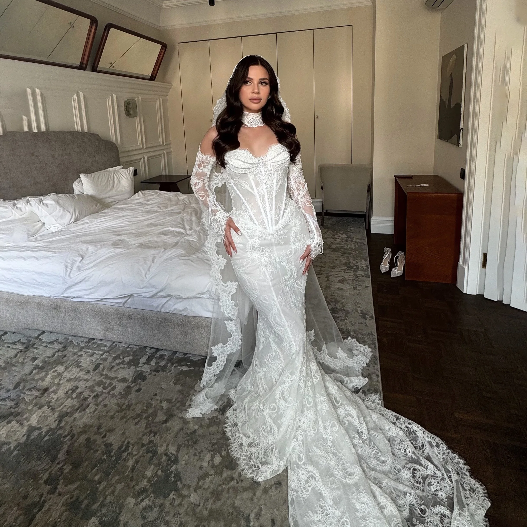 Lace Mermaid Wedding Dress 2027 Luxury Detachable Sleeves Applique Off Shoulder vestidos de noche Customized Bride Gowns